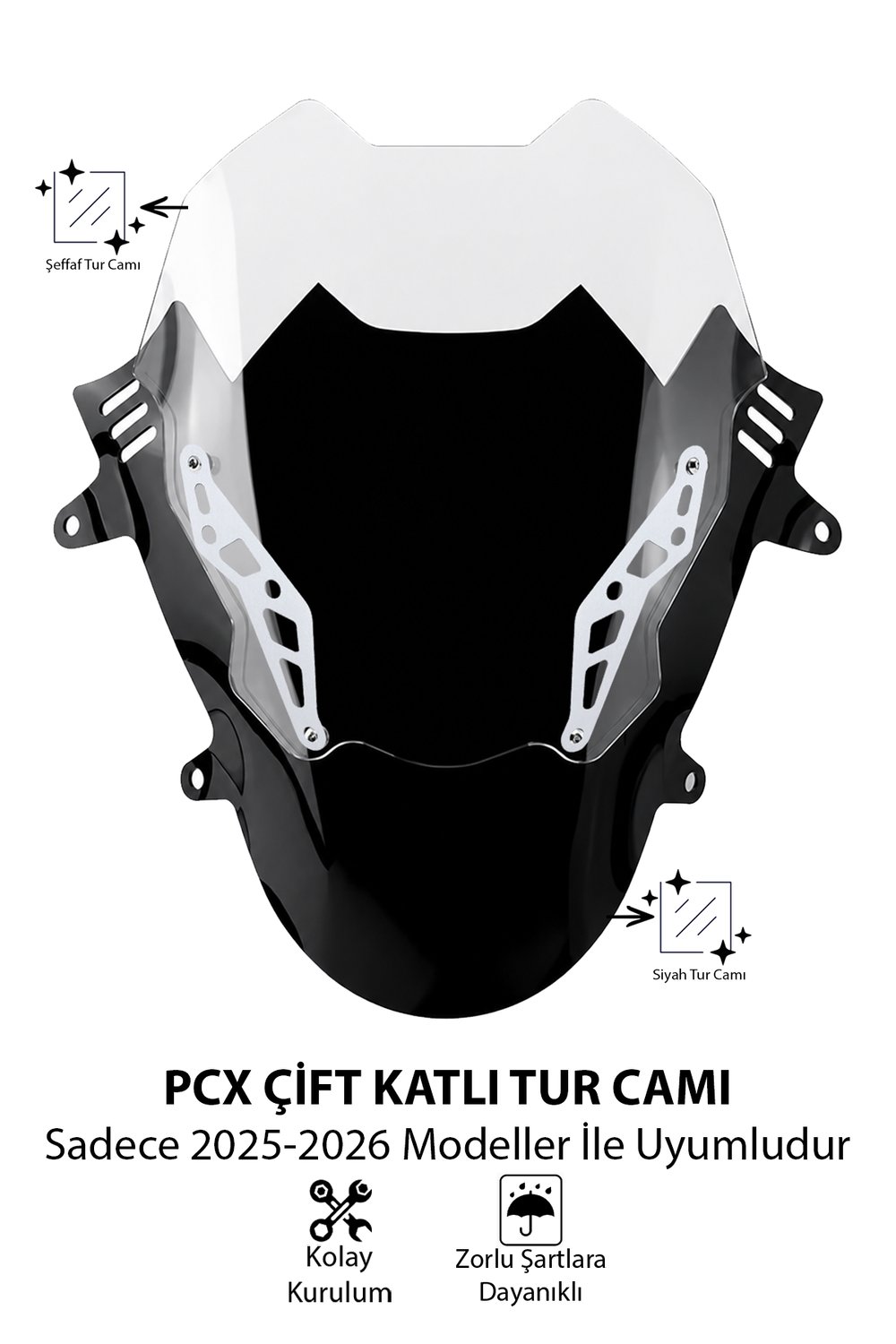 Honda Pcx Uyumlu Çift Katlı Spor Tur Camı Şeffaf 2025-2026 Şeffaf