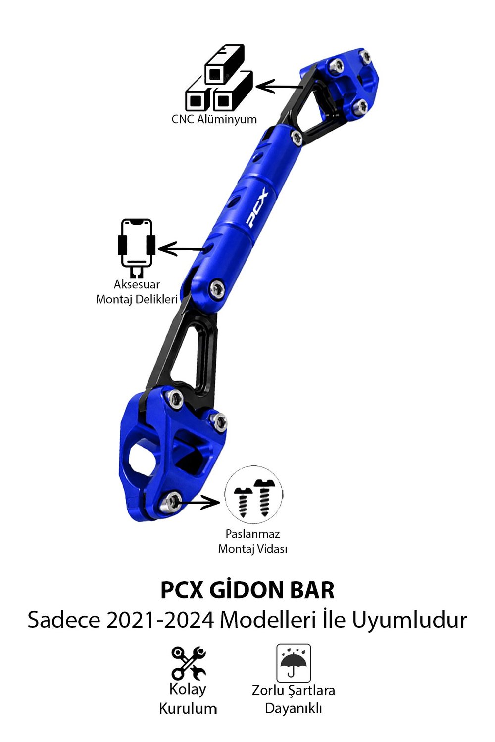 Honda Pcx Uyumlu Gidon Barı 2021-2024 Cnc Mavi
