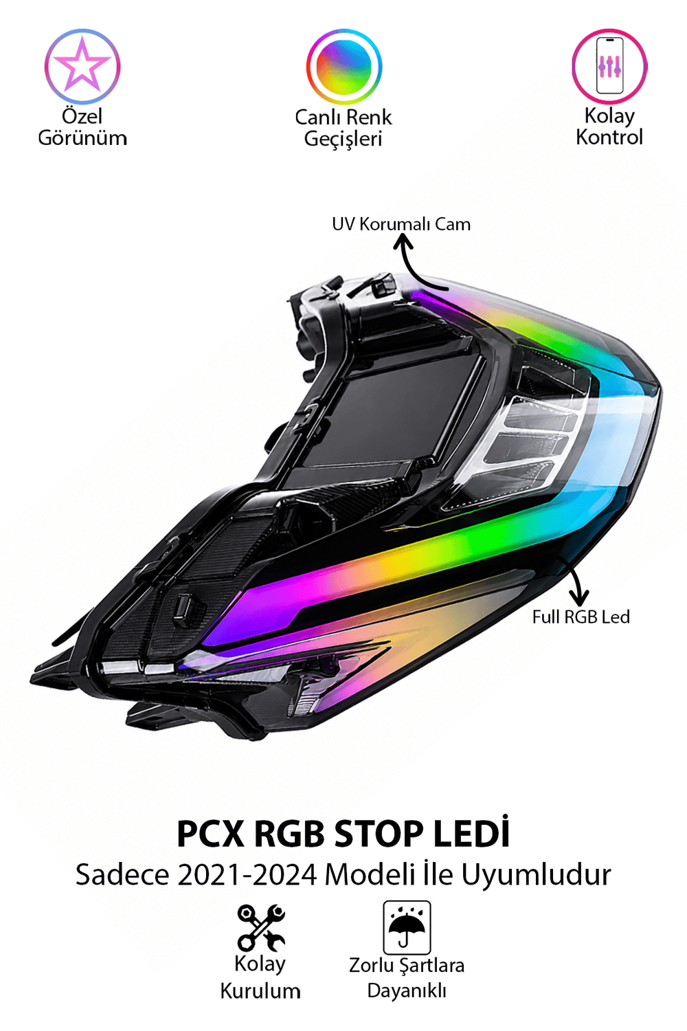 Honda Pcx Uyumlu RGB Arka Stop Ledi 2021-2024 Telefon Kontrollü