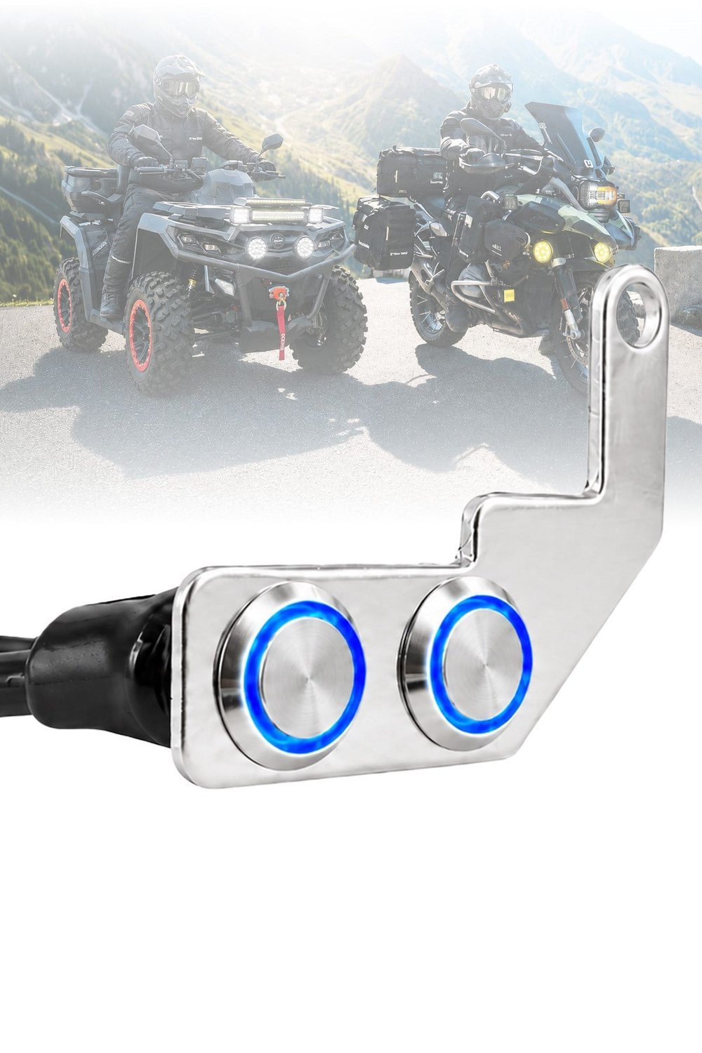 Işıklı Gidon Anahtarı Çift Fonksiyonlu Mavi LED Çift Power Tuşlu Motosiklet Sis Farı Off Road Led Kontrol Switchi Uzun Bağlantı Ayaklı Kablolu Demir Döküm Krom Renk
