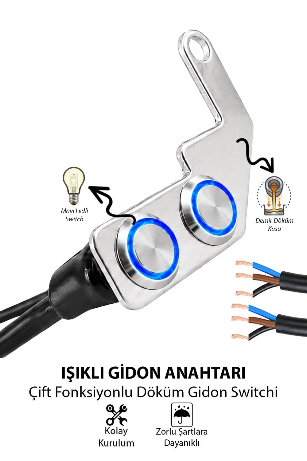 Işıklı Gidon Anahtarı Çift Fonksiyonlu Mavi LED Çift Power Tuşlu Motosiklet Sis Farı Off Road Led Kontrol Switchi Uzun Bağlantı Ayaklı Kablolu Demir Döküm Krom Renk