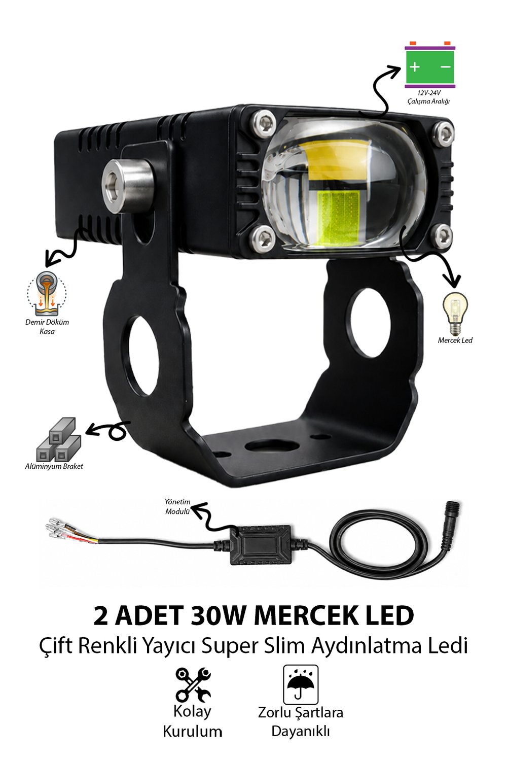Motosiklet Sis Farı 30W Mercekli Beyaz-Sarı LED 2 ADET Metal Gövde Super Slim Dikdörtgen Fan Soğutmalı Alüminyum Montaj Braketli