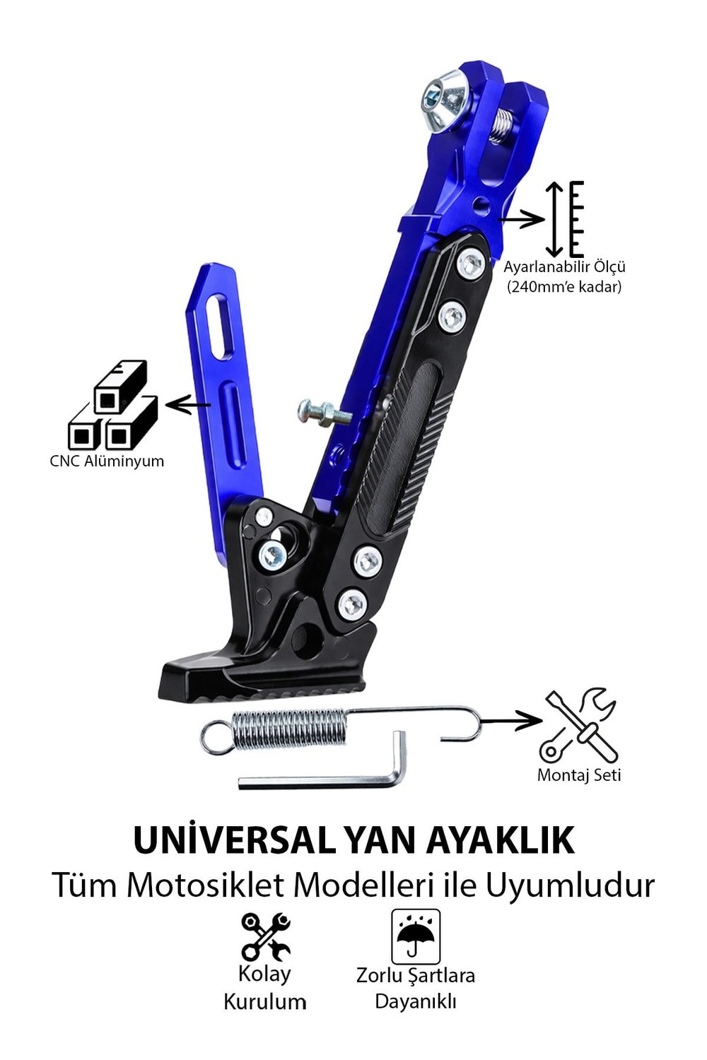 Universal Ayarlanabilir Motosiklet Yan Ayaklık 185-240 mm Cnc Mavi