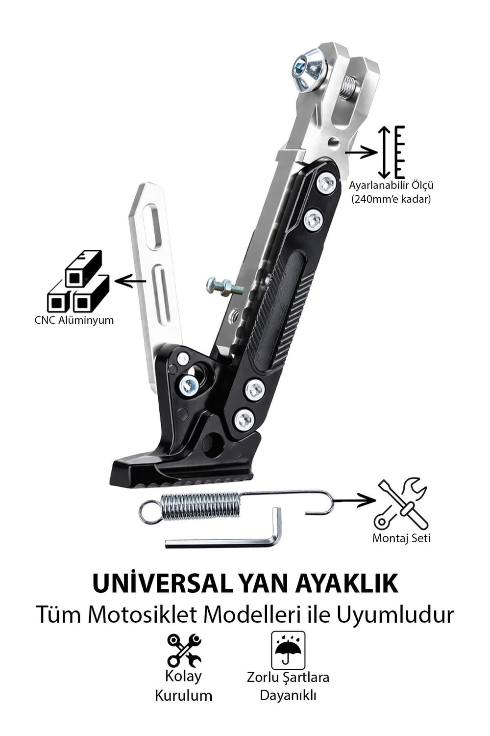 Universal Ayarlanabilir Motosiklet Yan Ayaklık 185-240 mm Cnc Gümüş