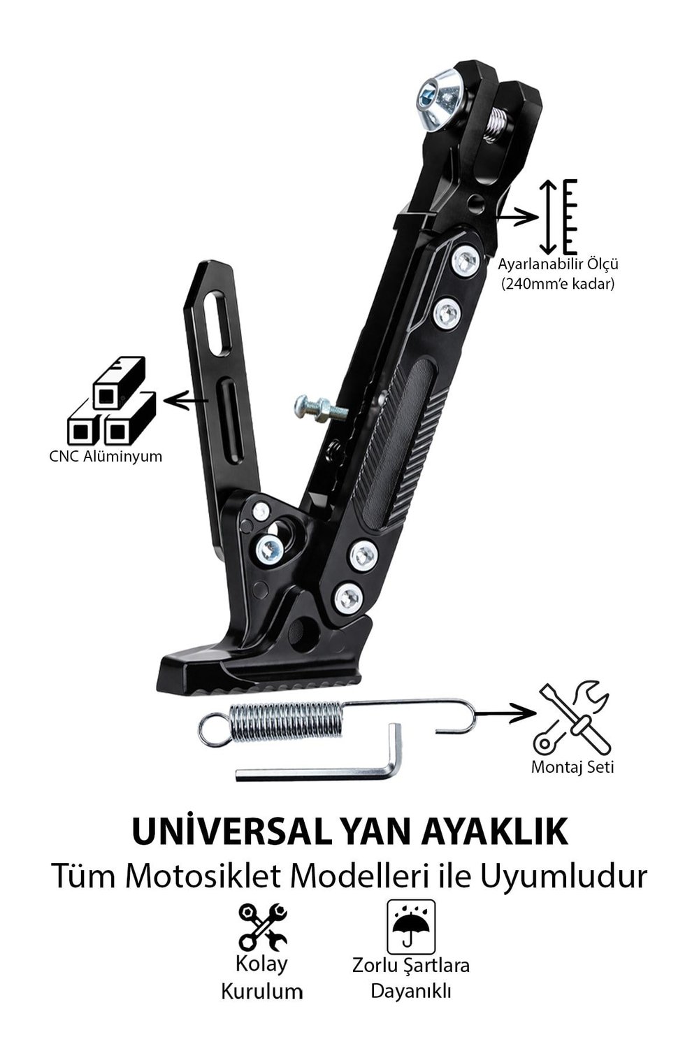 Universal Ayarlanabilir Motosiklet Yan Ayaklık 185-240 mm Cnc Siyah