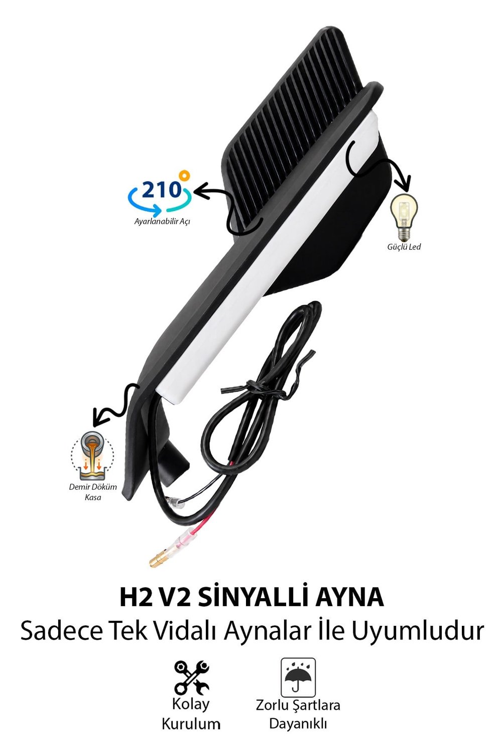 Universal Katlanabilir H2 Ledli Motosiklet Aynası | Döküm Kasa Siyah