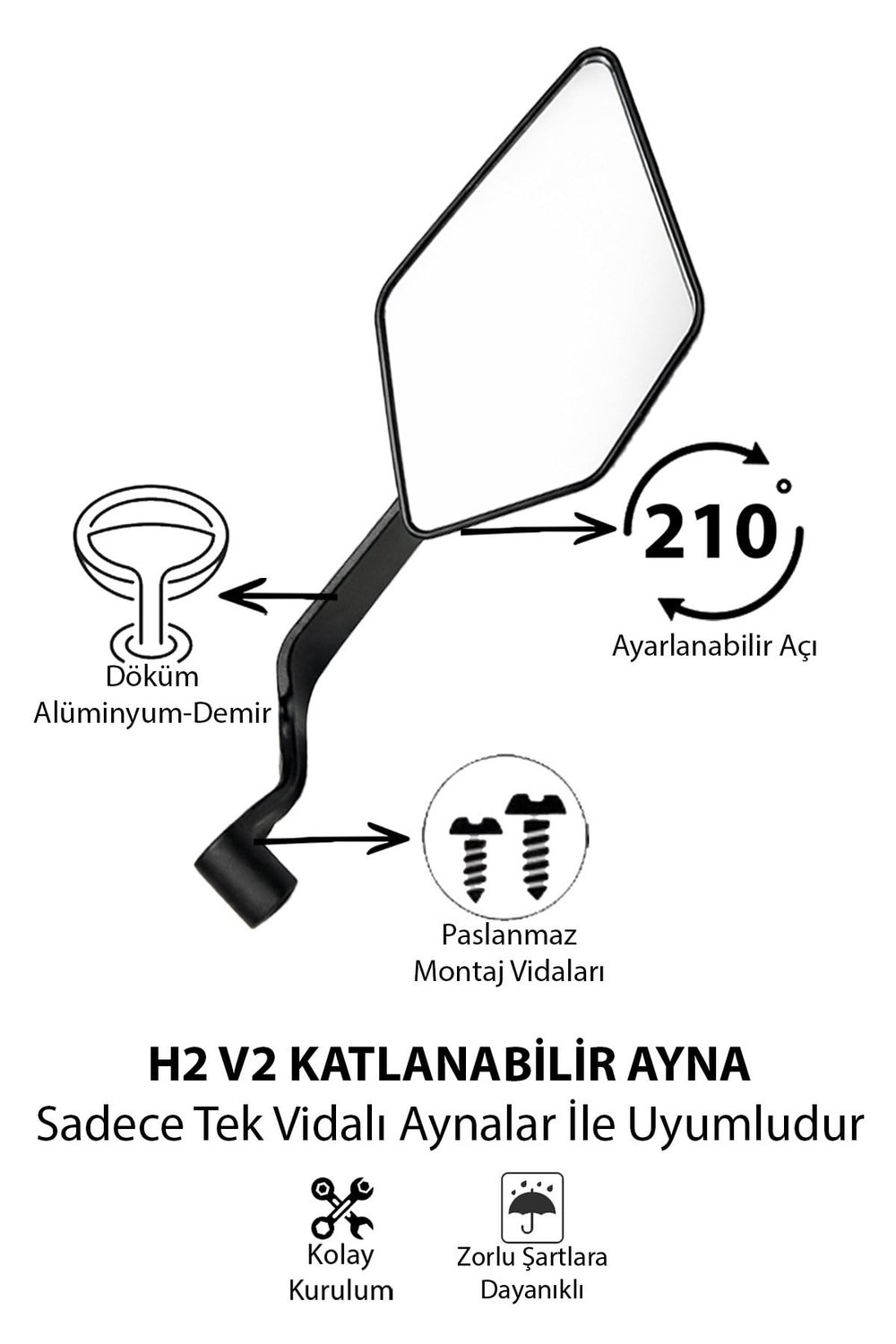 Universal Katlanabilir H2 V2 Motosiklet Aynası | Döküm Kasa Siyah