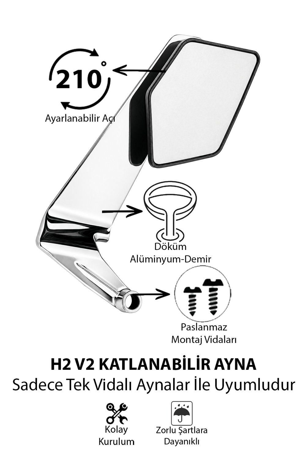 Universal Katlanabilir H2 V2 Motosiklet Aynası | Döküm Kasa Gümüş