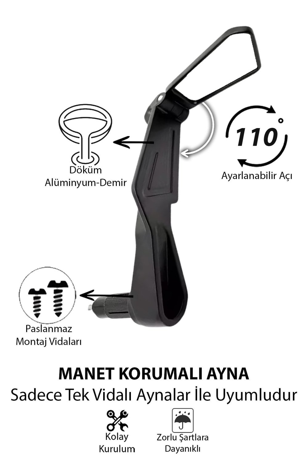 Universal Katlanabilir Manet Korumalı Motosiklet Aynası | Döküm Kasa Siyah