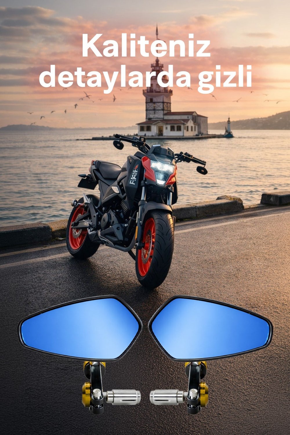 Universal Motosiklet Gidon Aynası | Alüminyum Siyah Kasa Cnc Gold İskelet 