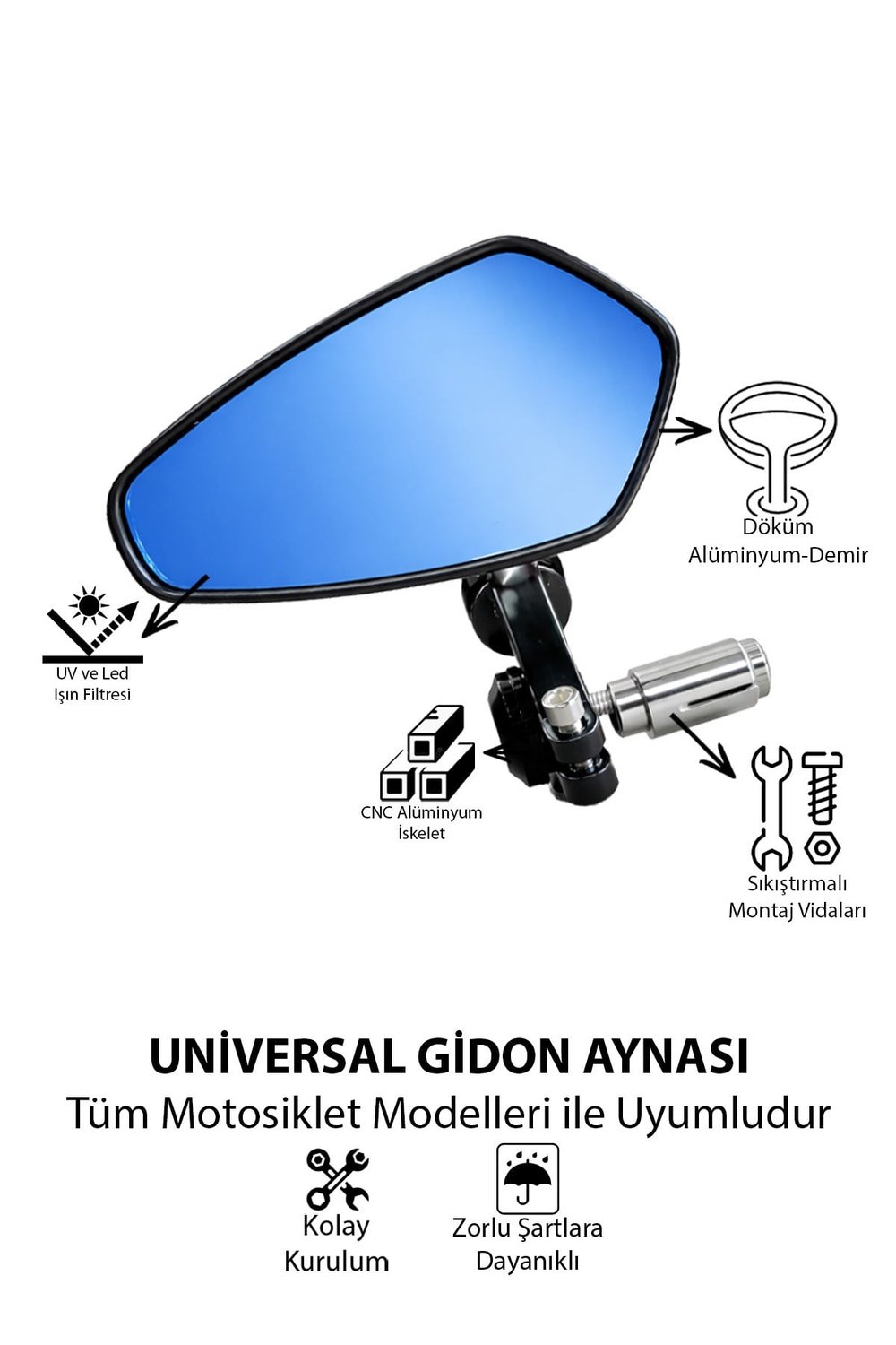 Universal Motosiklet Gidon Aynası | Alüminyum Siyah Kasa Cnc Siyah İskelet 