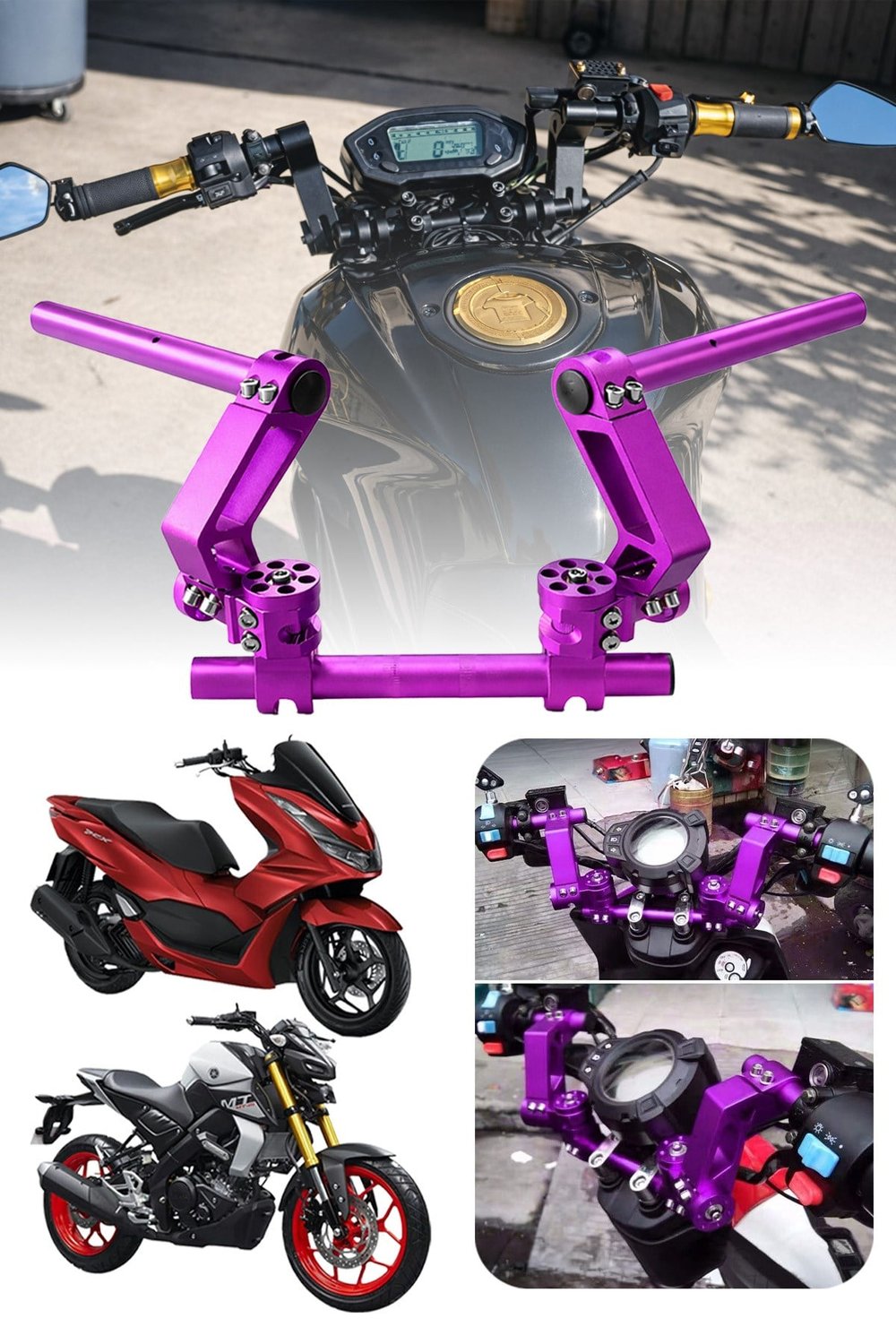 Universal Motosiklet Gidon Seti 22 mm Boru Çaplı Ayarlanabilir Cnc Mor