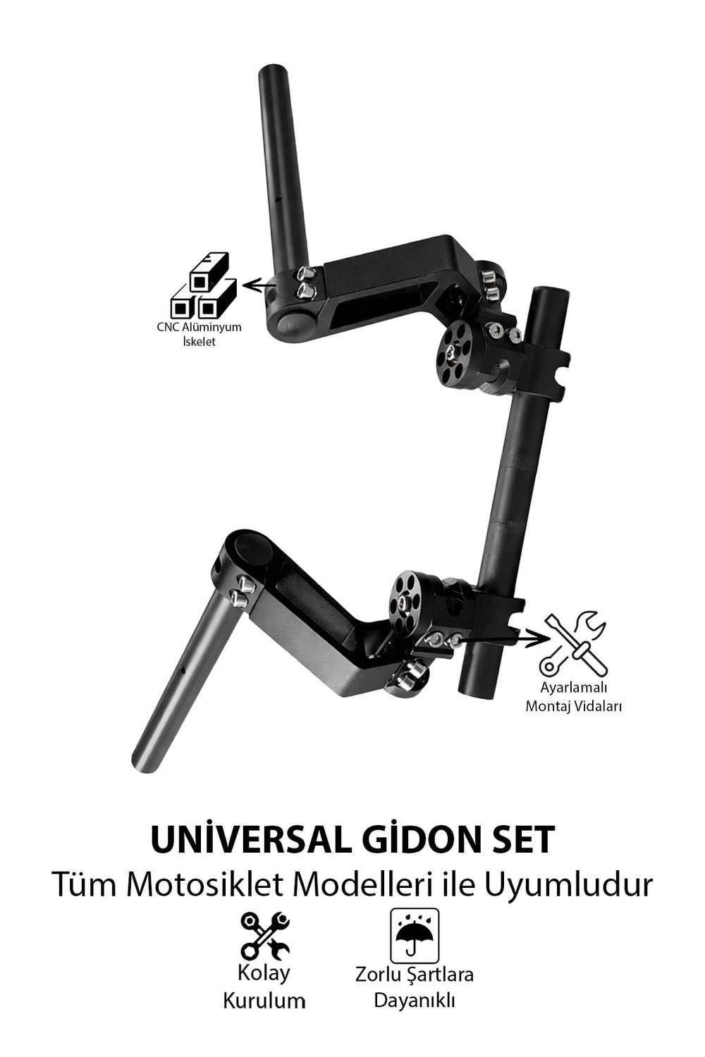 Universal Motosiklet Gidon Seti 22 mm Boru Çaplı Ayarlanabilir Cnc Siyah