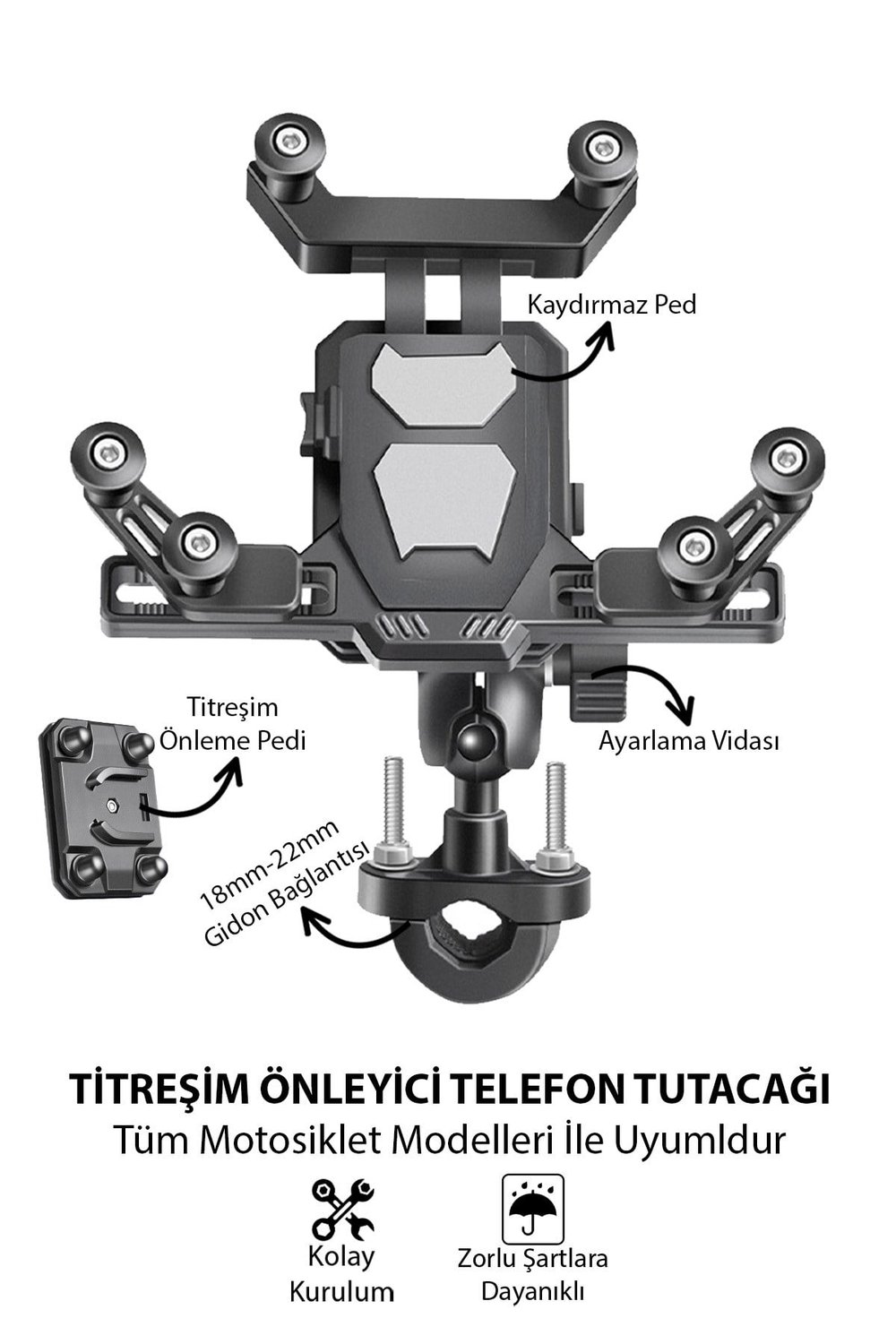 Universal Motosiklet Uyumlu Titreşim Önleyici Gidon Telefon Tutacağı ABS Plastik + Metal Siyah Renk