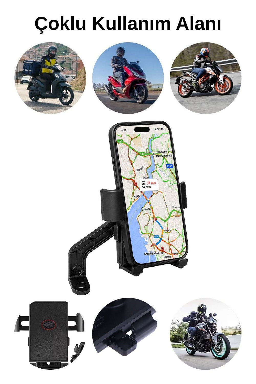 Universal Motosiklet Uyumlu Ayna Telefon Tutacağı Metal + ABS Plastik Siyah Renk