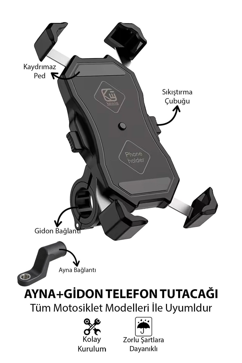 Universal Motosiklet Uyumlu Ayna ve Gidon Bağlantılı Telefon Tutacağı ABS Plastik + Metal Siyah Renk