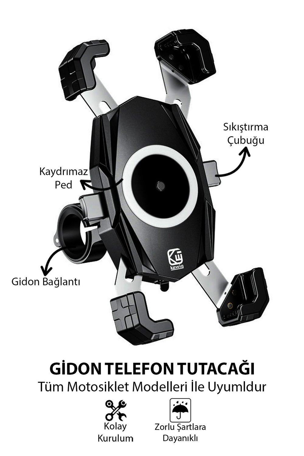 Universal Motosiklet Uyumlu Gidon Telefon Tutacağı ABS Plastik + Metal Siyah Renk