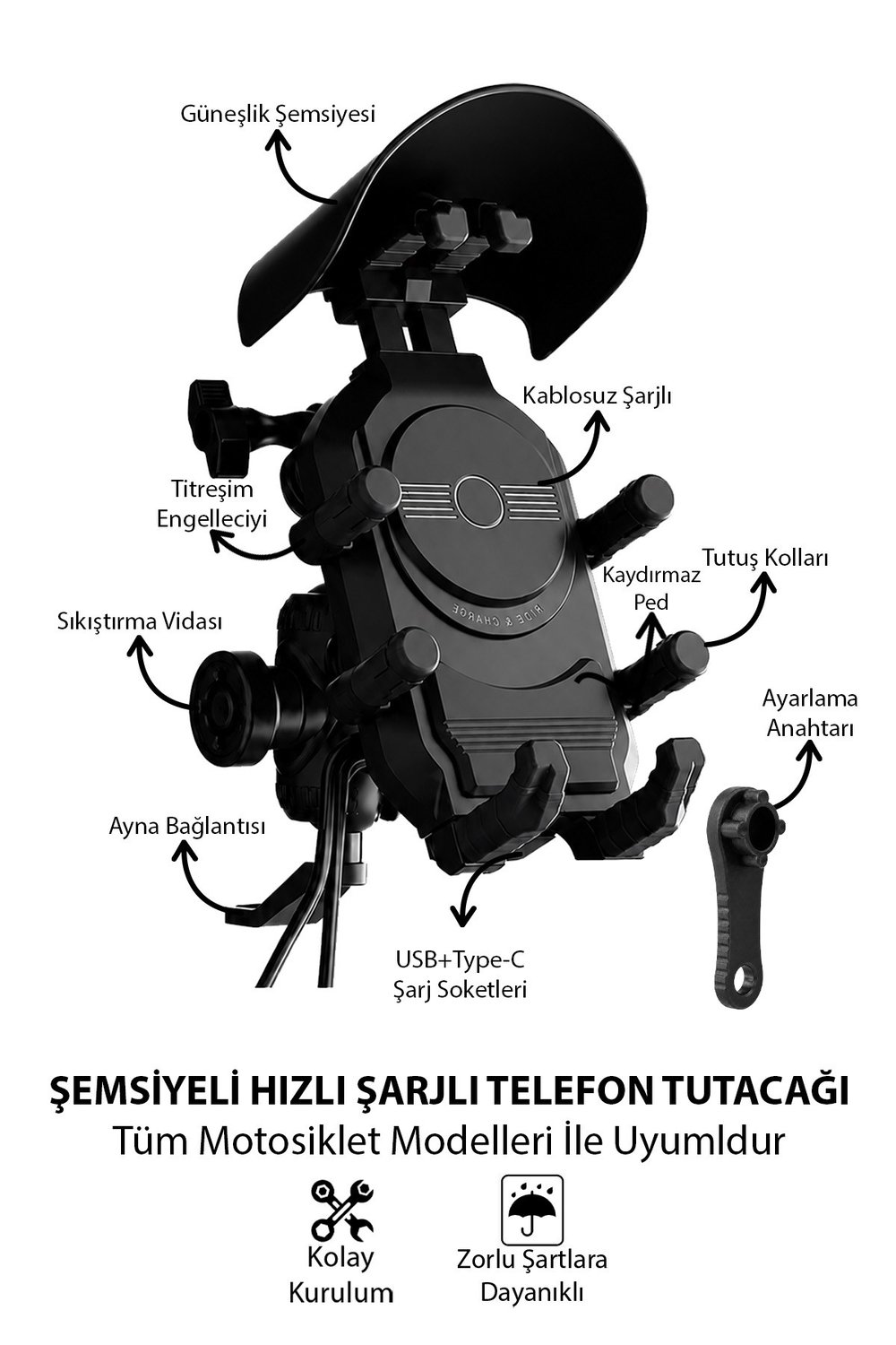 Universal Motosiklet Uyumlu Şemsiyeli Kablosuz ve Usb-Type C Hızlı Şarjlı Titreşim Engelleyicili Telefon Tutacağı