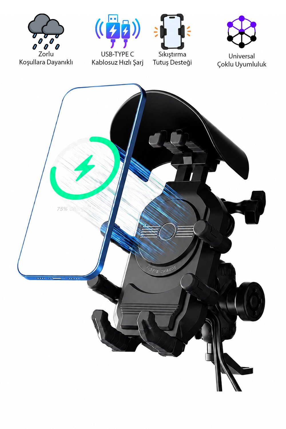 Universal Motosiklet Uyumlu Şemsiyeli Kablosuz ve Usb-Type C Hızlı Şarjlı Titreşim Engelleyicili Telefon Tutacağı