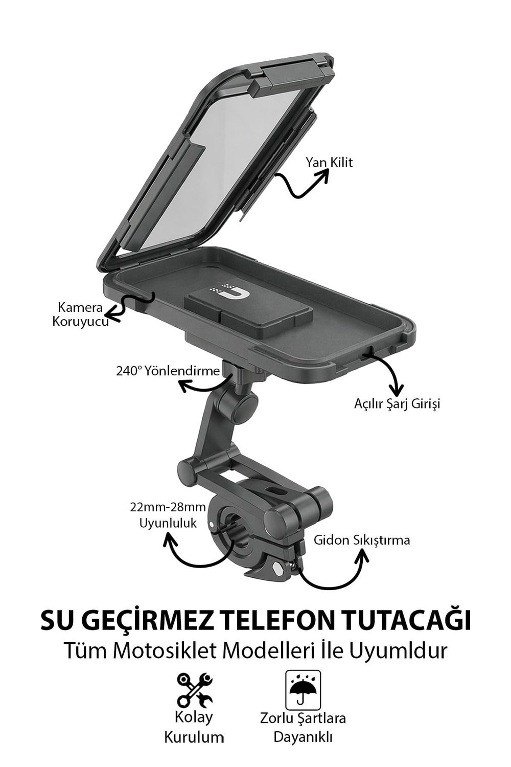Universal Motosiklet Uyumlu Su Geçirmez Telefon Tutacağı ABS Plastik + Metal Siyah Renk