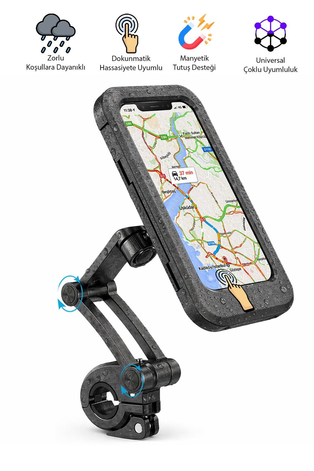 Universal Motosiklet Uyumlu Su Geçirmez Telefon Tutacağı ABS Plastik + Metal Siyah Renk