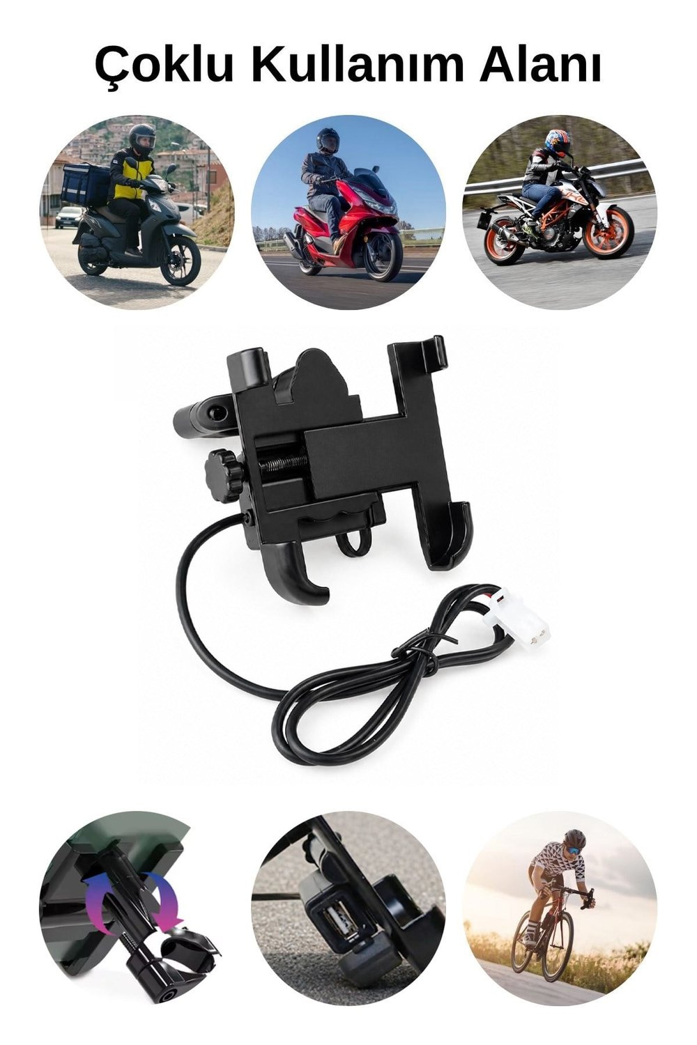 Universal Motosiklet Uyumlu USB Gidon Telefon Tutacağı Tüm Yıllar ABS Plastik + Metal Siyah Renk