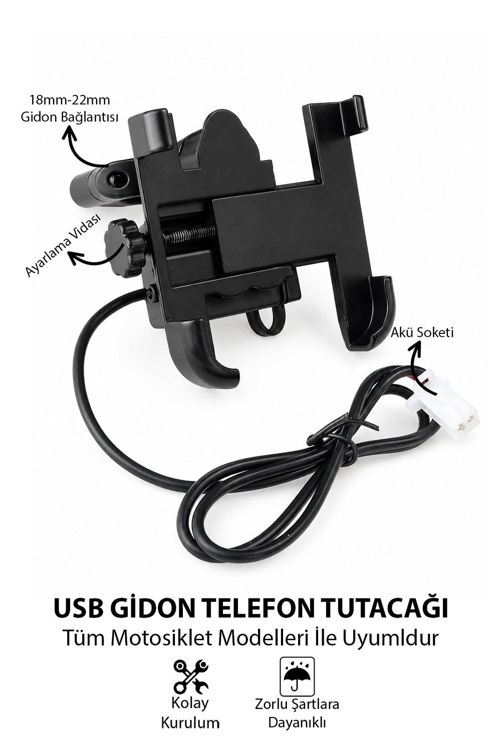 Universal Motosiklet Uyumlu USB Gidon Telefon Tutacağı Tüm Yıllar ABS Plastik + Metal Siyah Renk