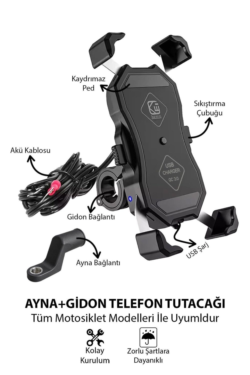 Universal Motosiklet Uyumlu USB Hızlı Şarjlı Telefon Tutacağı ABS Plastik + Metal Siyah Renk
