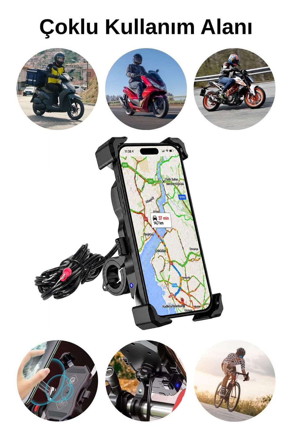 Universal Motosiklet Uyumlu USB Hızlı Şarjlı Telefon Tutacağı ABS Plastik + Metal Siyah Renk