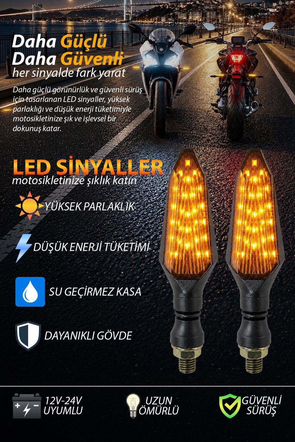 Universal Sinyal Ledi Uzun Kasa Tek Renk | Tüm Motosikletler İle Uyumlu