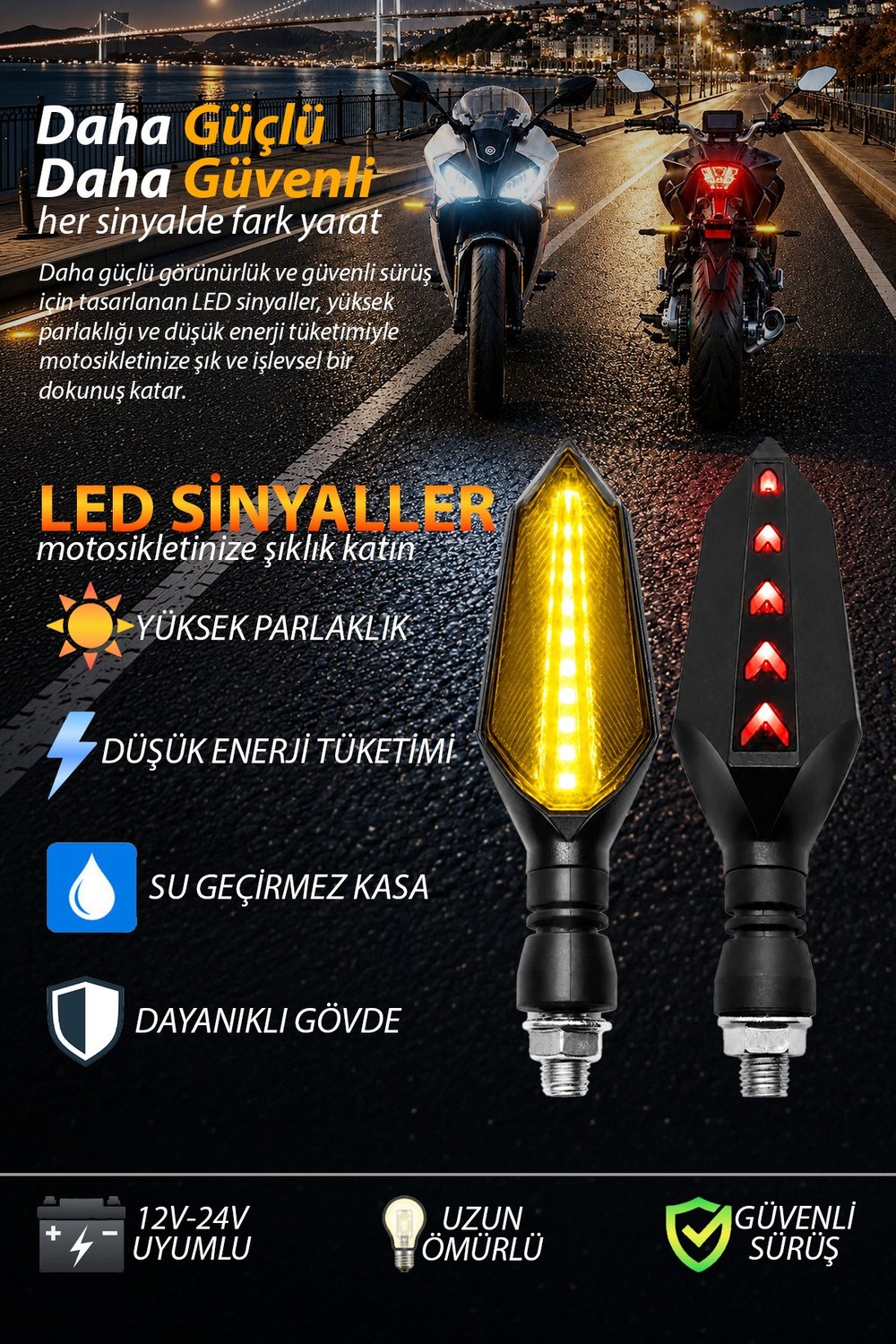 Universal Sinyal Ledi Uzun Kasa | Tüm Motosikletler İle Uyumlu