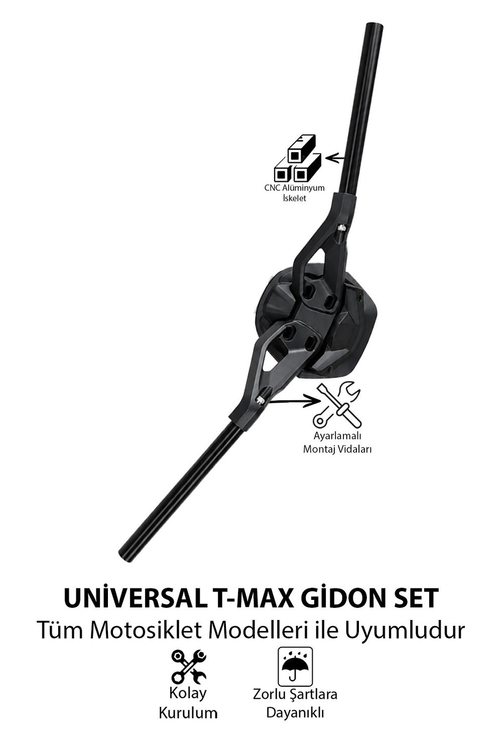 Universal T-Max Motosiklet Gidon Seti 22 mm Boru Çaplı 735 mm CNC Alüminyum Ayarlı Montaj Vidalı Siyah