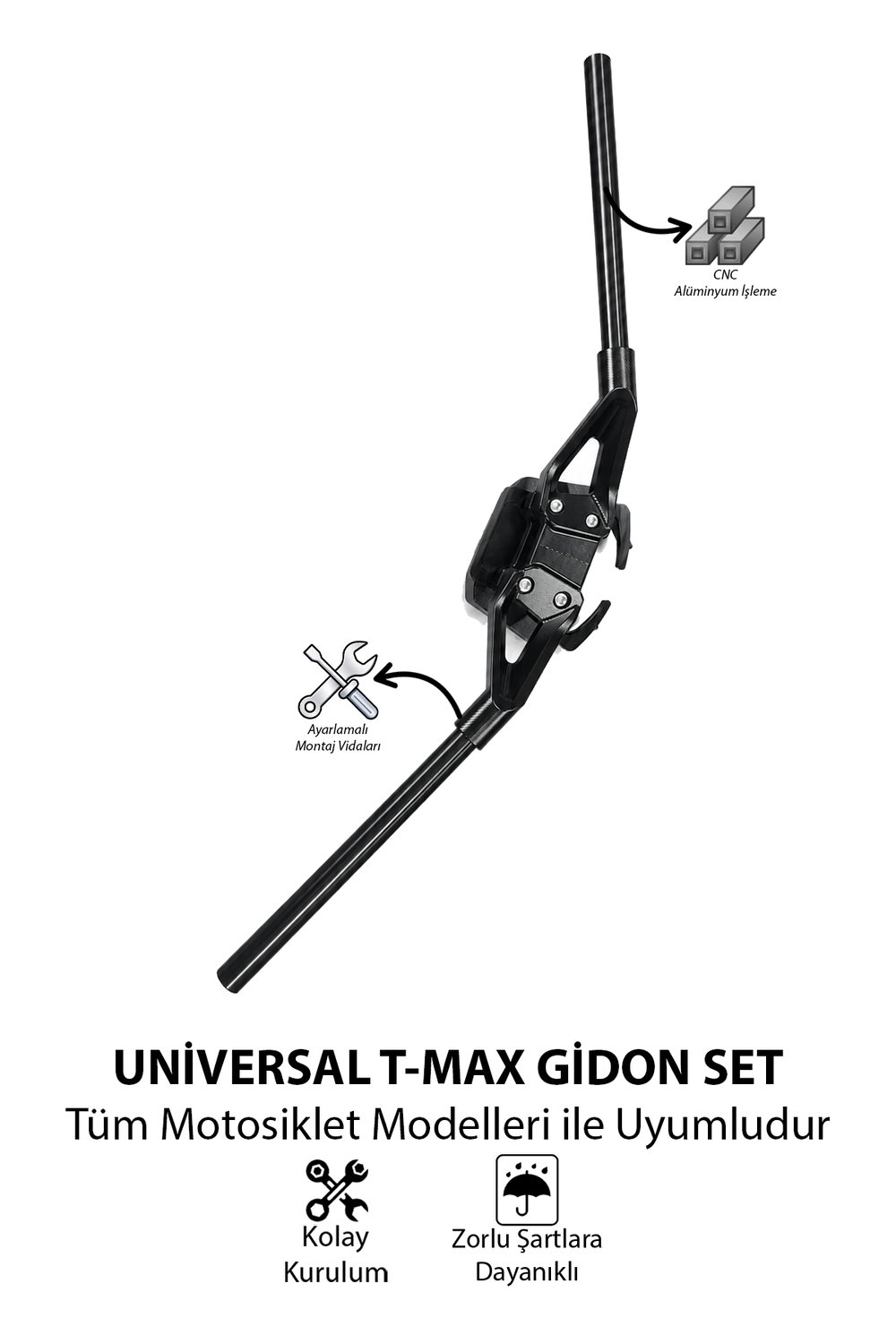 Universal T-Max Motosiklet Gidon Seti 22 mm Boru Çaplı 735 mm CNC Alüminyum Ayarlı Montaj Vidalı Siyah