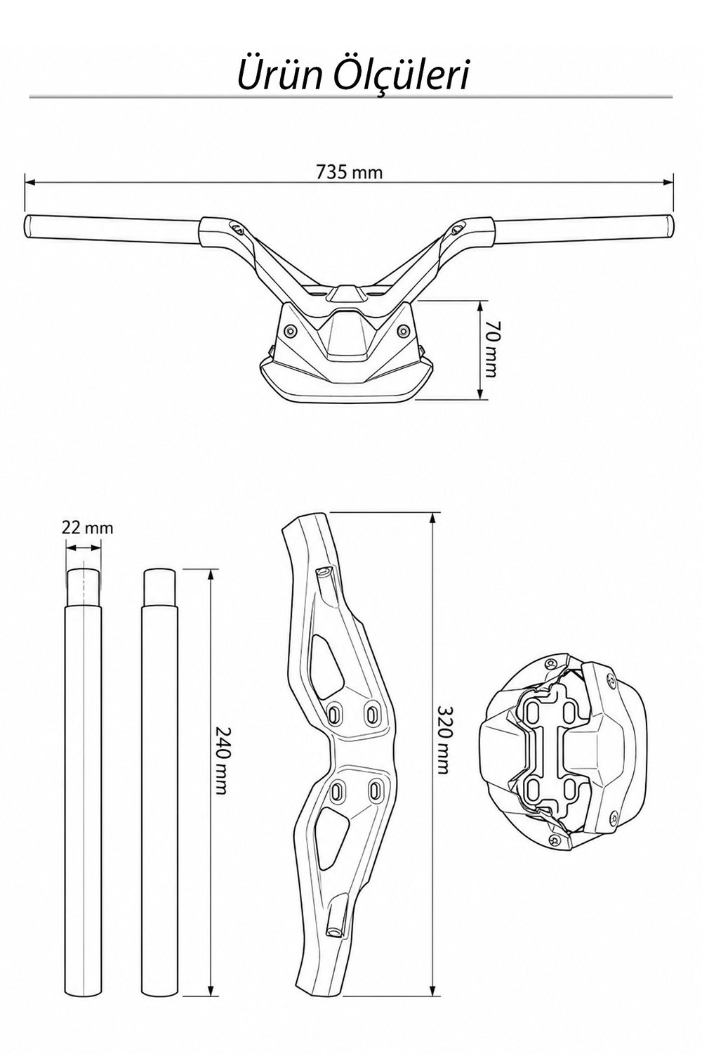 Universal T-Max Motosiklet Gidon Seti 22 mm Boru Çaplı 735 mm CNC Alüminyum Ayarlı Montaj Vidalı Siyah