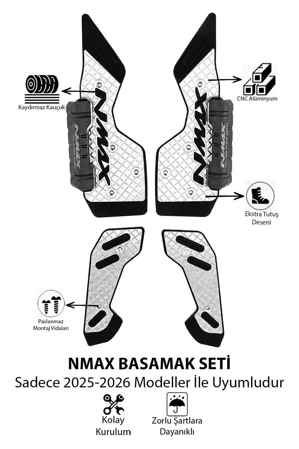 Yamaha Nmax Uyumlu Basamak Seti 2025-2026 Cnc Gümüş