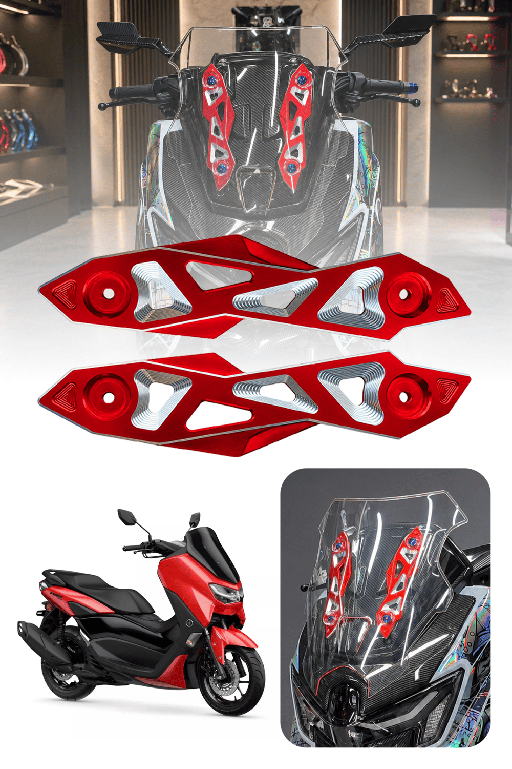 Yamaha Nmax Uyumlu Ön Cam Braketi 2025-2026 Cnc Kırmızı