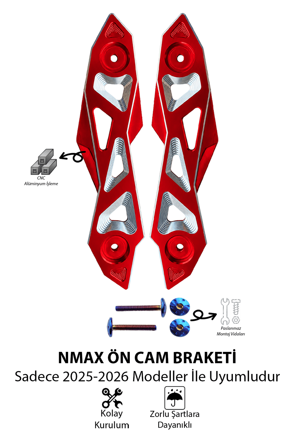 Yamaha Nmax Uyumlu Ön Cam Braketi 2025-2026 Cnc Kırmızı