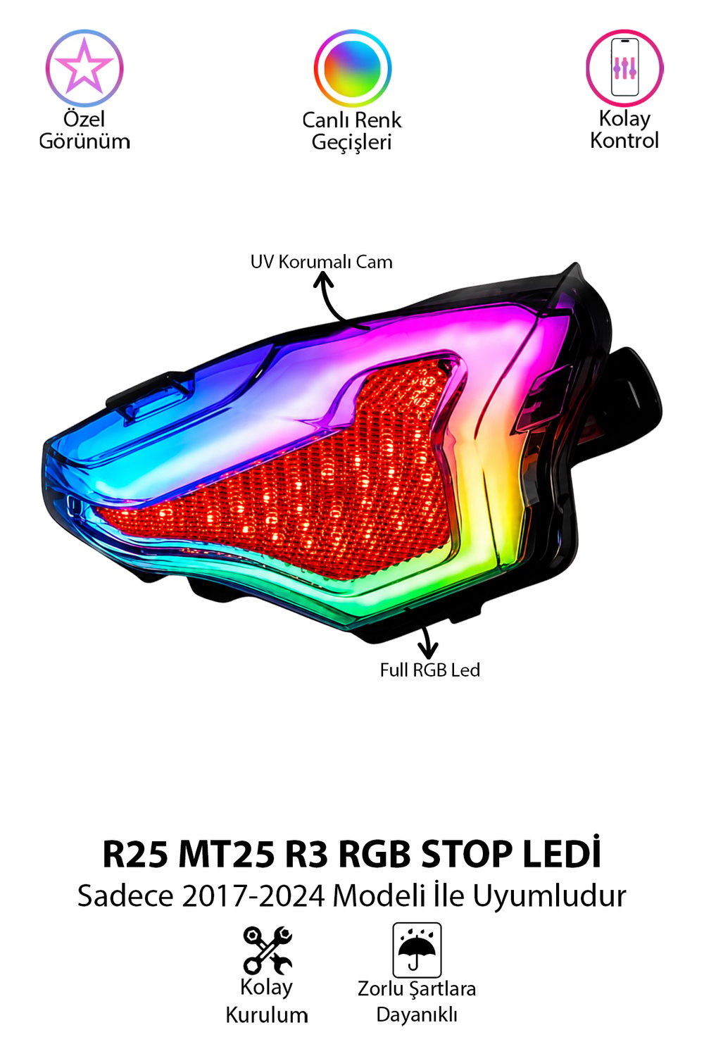 Yamaha R25 MT25 R3 Uyumlu Rgb Far Stop 2017-2024 Telefon Kontrollü Kayar Sinyalli