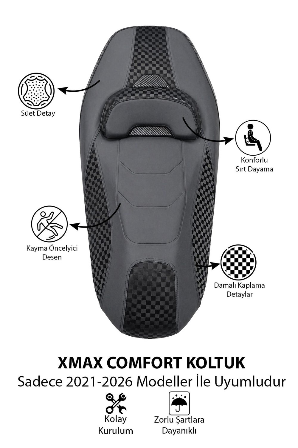 Yamaha Xmax Uyumlu Comfort Koltuk Kapağı 2021-2026 Damalı Kaplama Detaylı