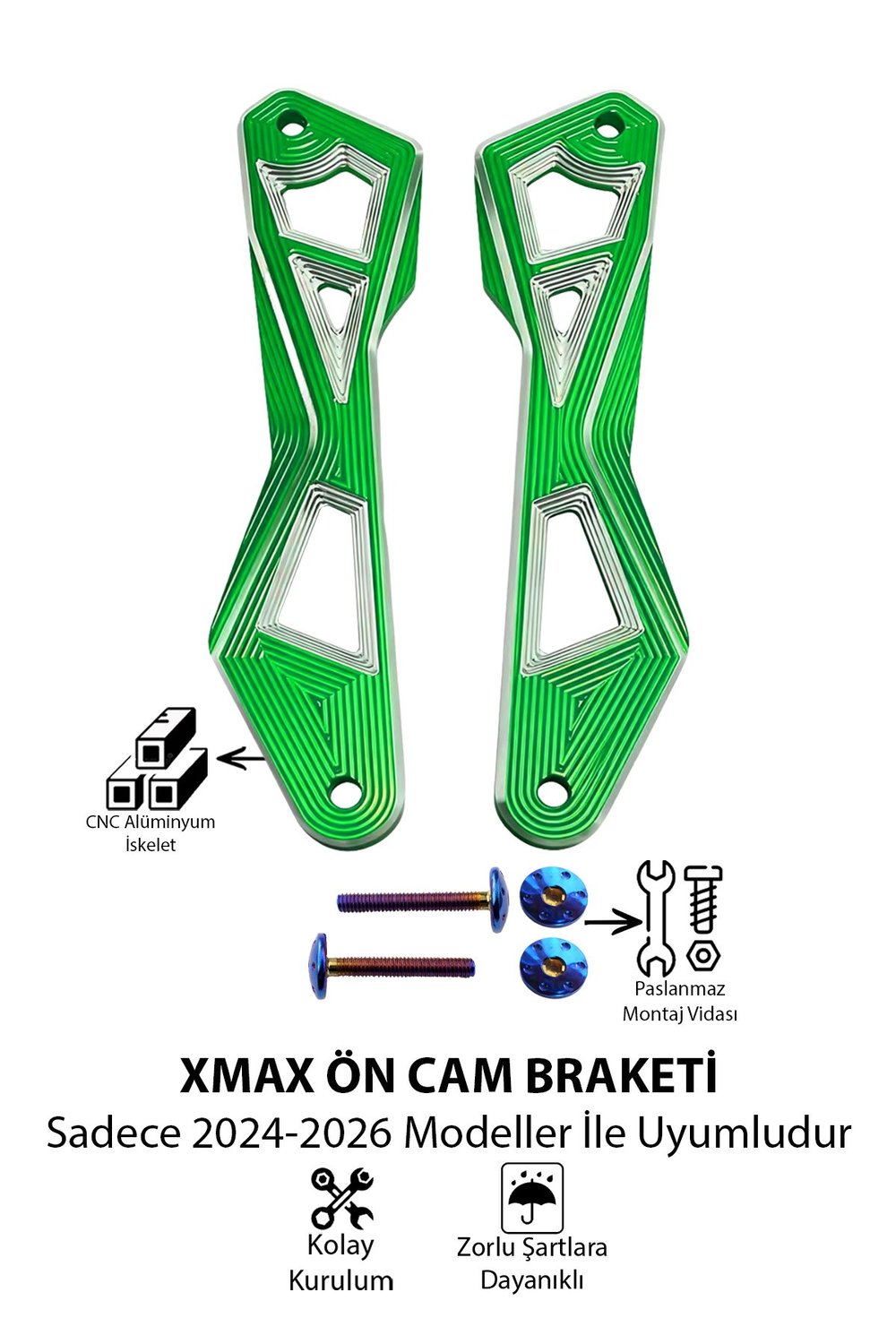 Yamaha Xmax Uyumlu Ön Cam Braketi 2024-2026 Cnc Yeşil