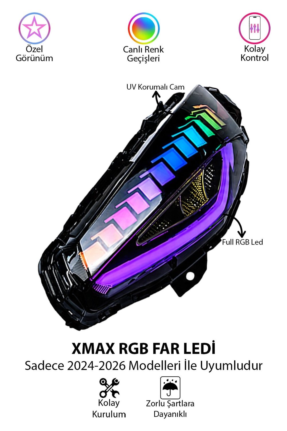 Yamaha Xmax Uyumlu Rgb Far Ledi 2024-2026 Telefon Kontrollü