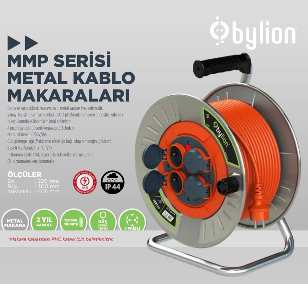 Bylion Mmp Serisi Kablo Makarası Metal Makara 50m Kapaklı 3x2,5mm Ttr Kablo 124-303-1350