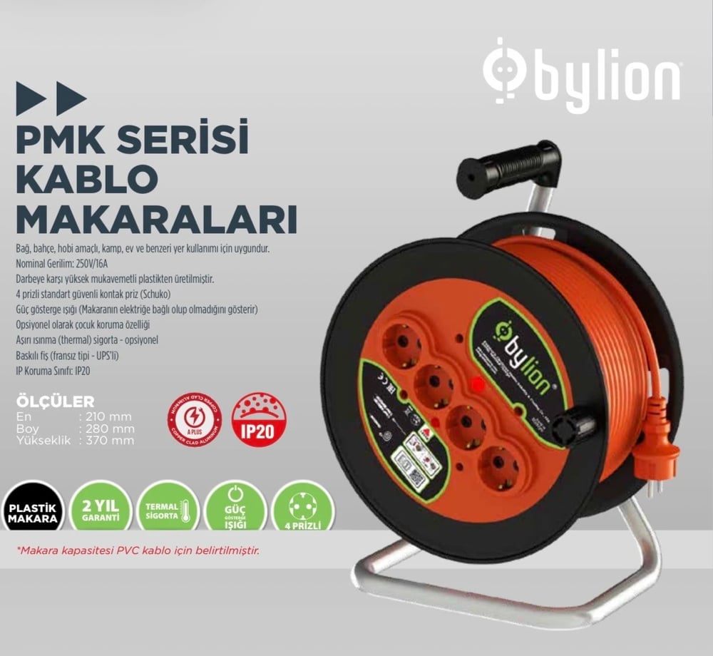 Bylion Pmk Serisi Kablo Makarası Plastik Makara 20m 3x2,5mm Ttr Kablo 100-303-1320