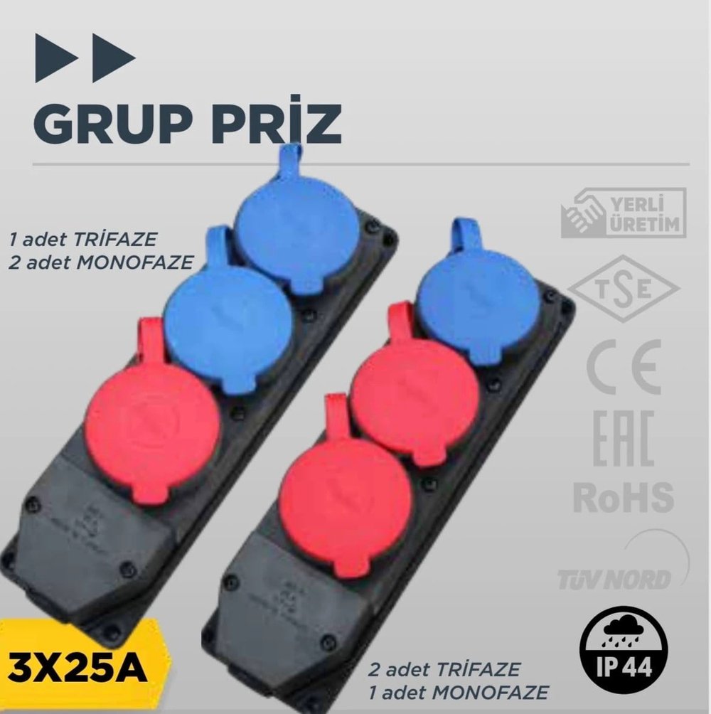 Bylion Siyah Kauçuk 2 Trifaze 1 Monofaze Üçlü Grup Priz Ip44 (2X3*25A / 1X1*16A) 950-006-0007