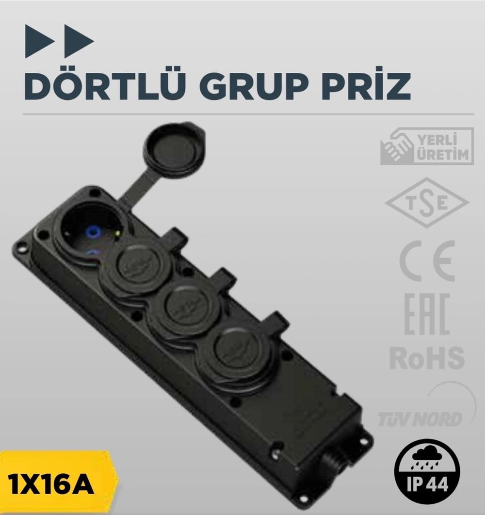 Bylion Siyah Kauçuk Monofaze Dörtlü Grup Priz 1x16a Ip44 F Type 950-004-0004