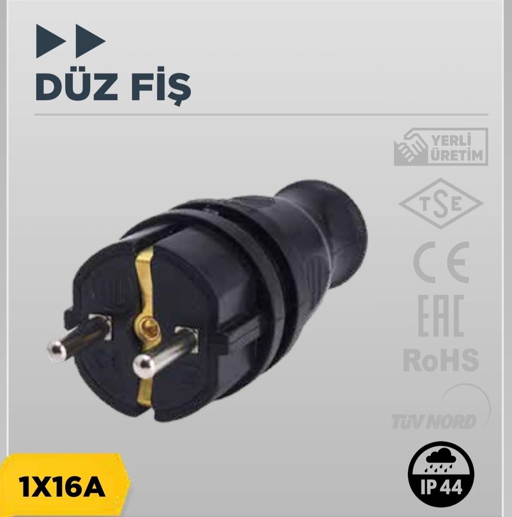 Bylion Siyah Kauçuk Monofaze Düz Fiş Ip44 F Type 1x16a 950-001-0001
