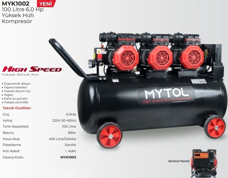 MYTOL KOMPRESÖR YÜKSEK HIZLI 100 LİTRE 6.0HP MYK1002