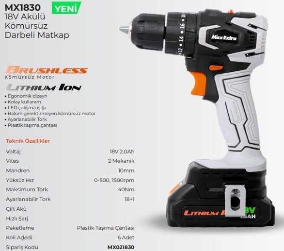 MAX EXTRA AKÜLÜ DARBELİ MATKAP KÖMÜRSÜZ 18V 2.0AH MX1830