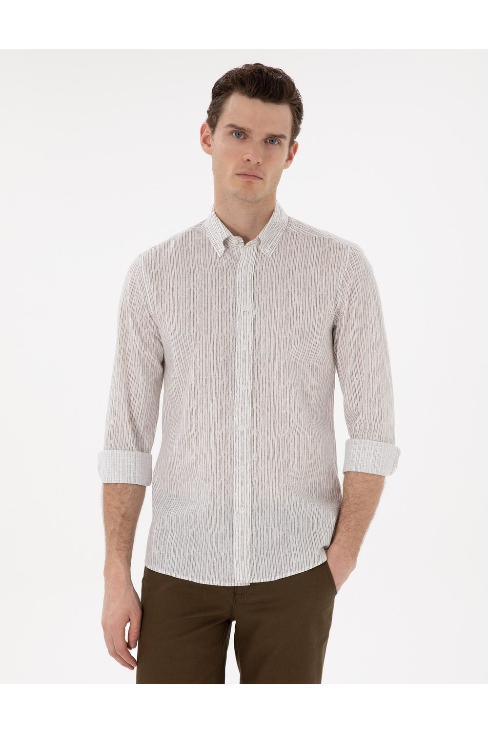Haki Çizgili Slim Fit Uzun Kollu Gömlek 50304595-VR027