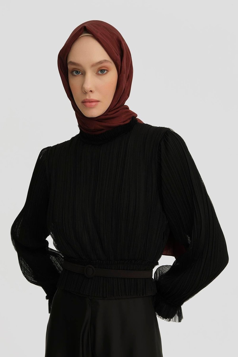 İçi Örme Üzeri Tül Bluz 24k3600 Siyah